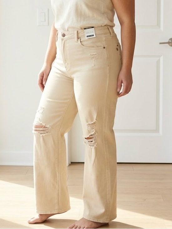 Judy Blue Denim - Judy Blue Women's Garment Dyed High Waist Wide Leg Distressed Jeans Tan 15/32